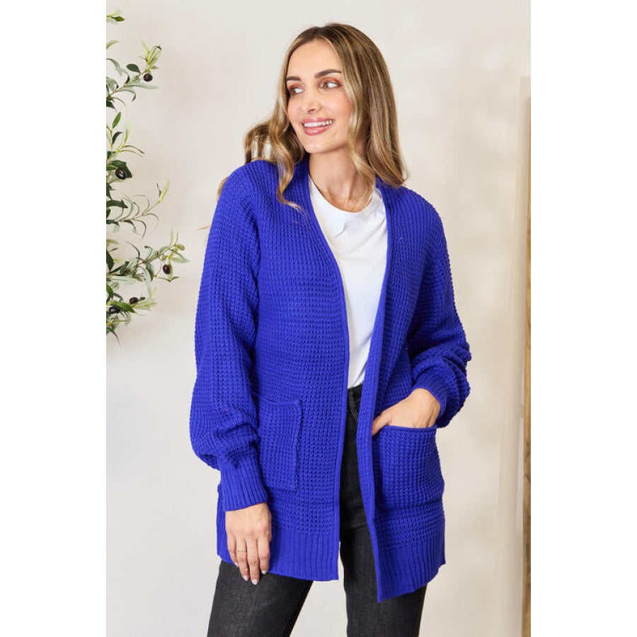 Zenana Full Size Waffle-Knit Open Front Cardigan Bright Blue / S Apparel and Accessories