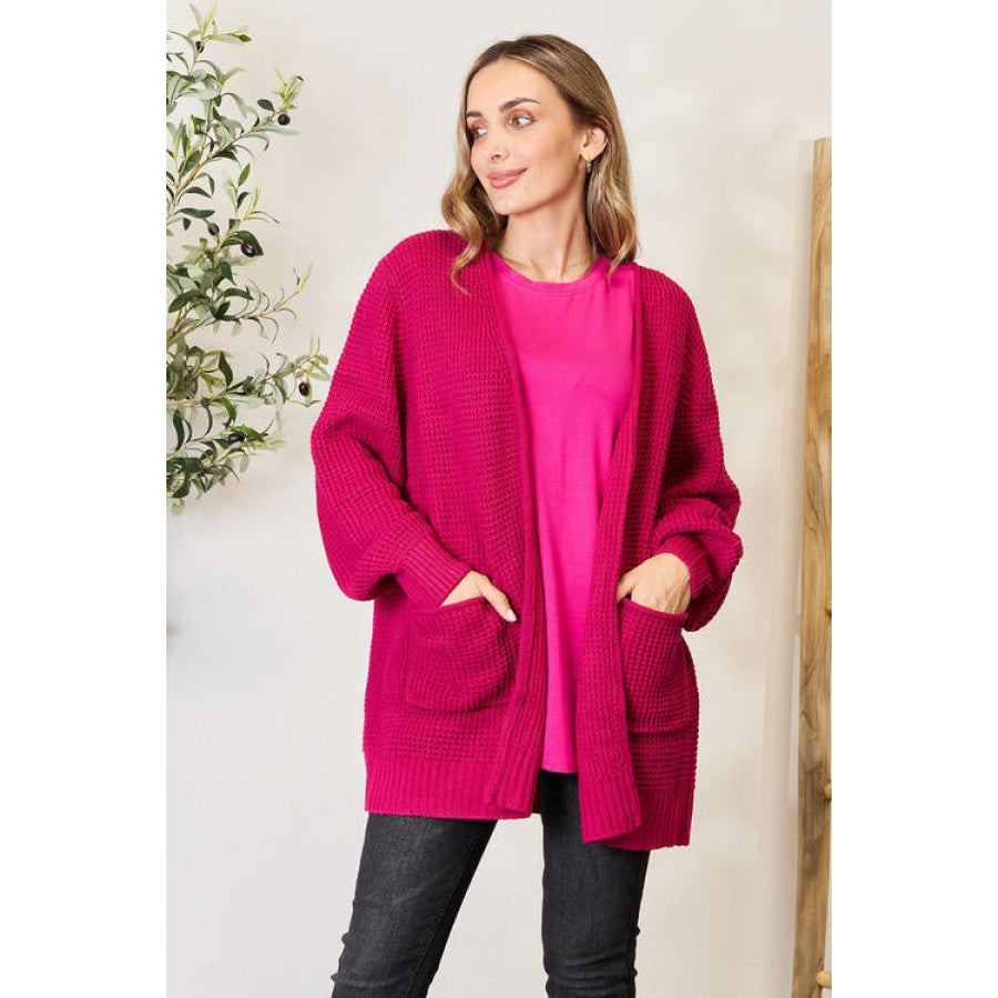 Zenana Full Size Waffle-Knit Open Front Cardigan Magenta / S Apparel and Accessories