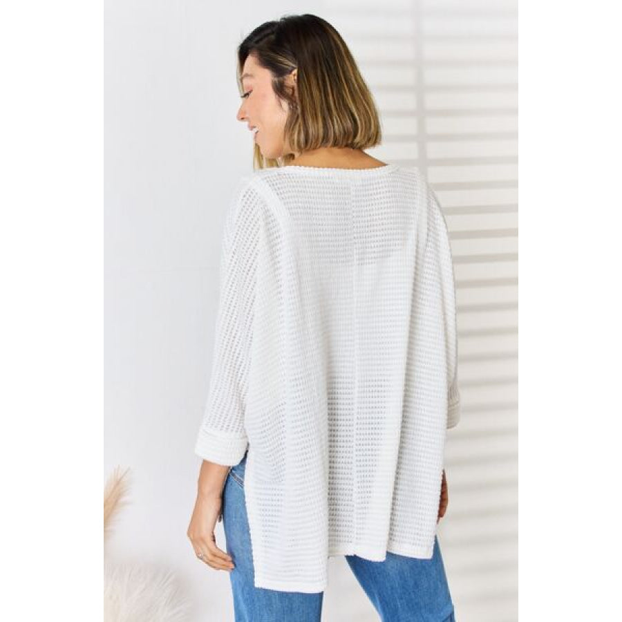 Zenana Full Size Waffle Knit V-Neck Long Sleeve Slit Top Ivory / S/M Apparel and Accessories