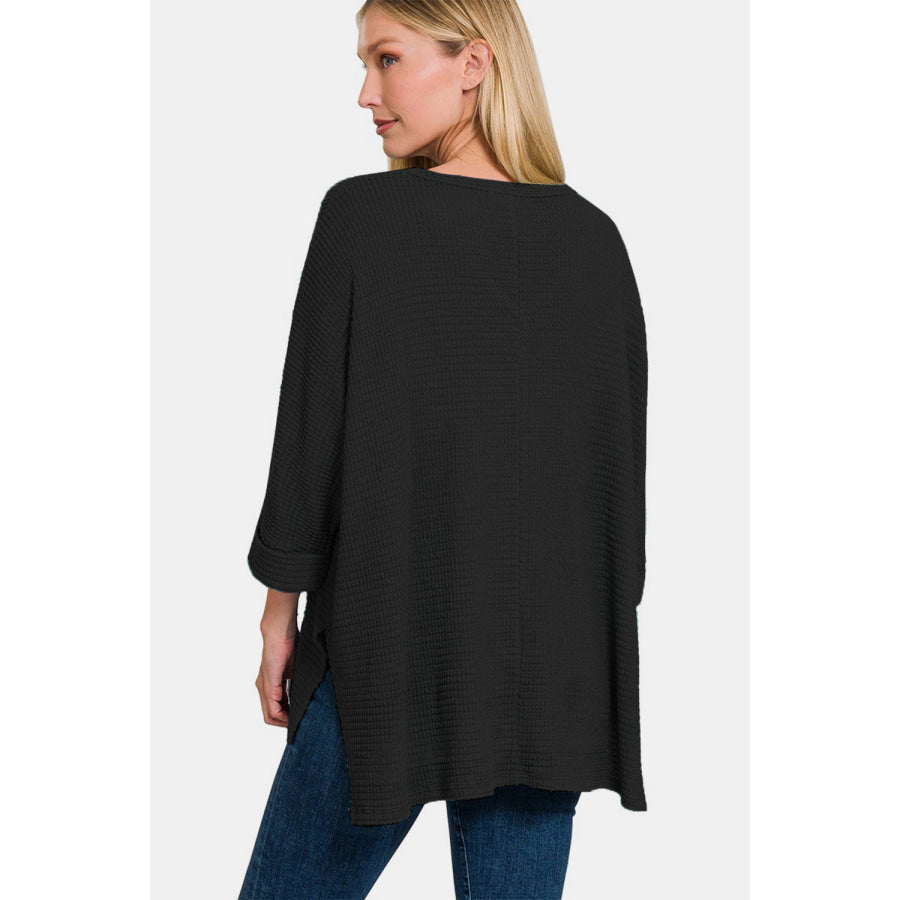 Zenana Full Size Waffle Knit V-Neck Long Sleeve Slit Top Black / S/M Apparel and Accessories