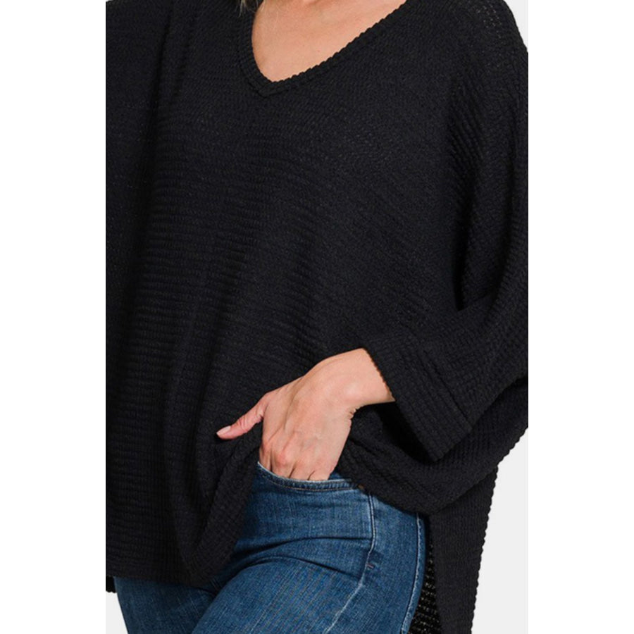 Zenana Full Size Waffle Knit V-Neck Long Sleeve Slit Top Apparel and Accessories