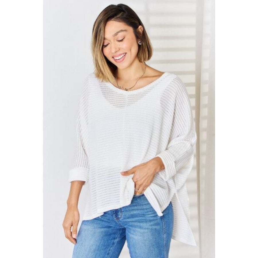Zenana Full Size Waffle Knit V-Neck Long Sleeve Slit Top Ivory / S/M Apparel and Accessories