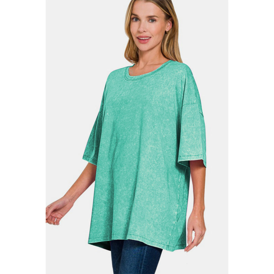 Zenana Full Size Washed Round Neck Drop Shoulder Oversized T-Shirt Apparel and Accessories