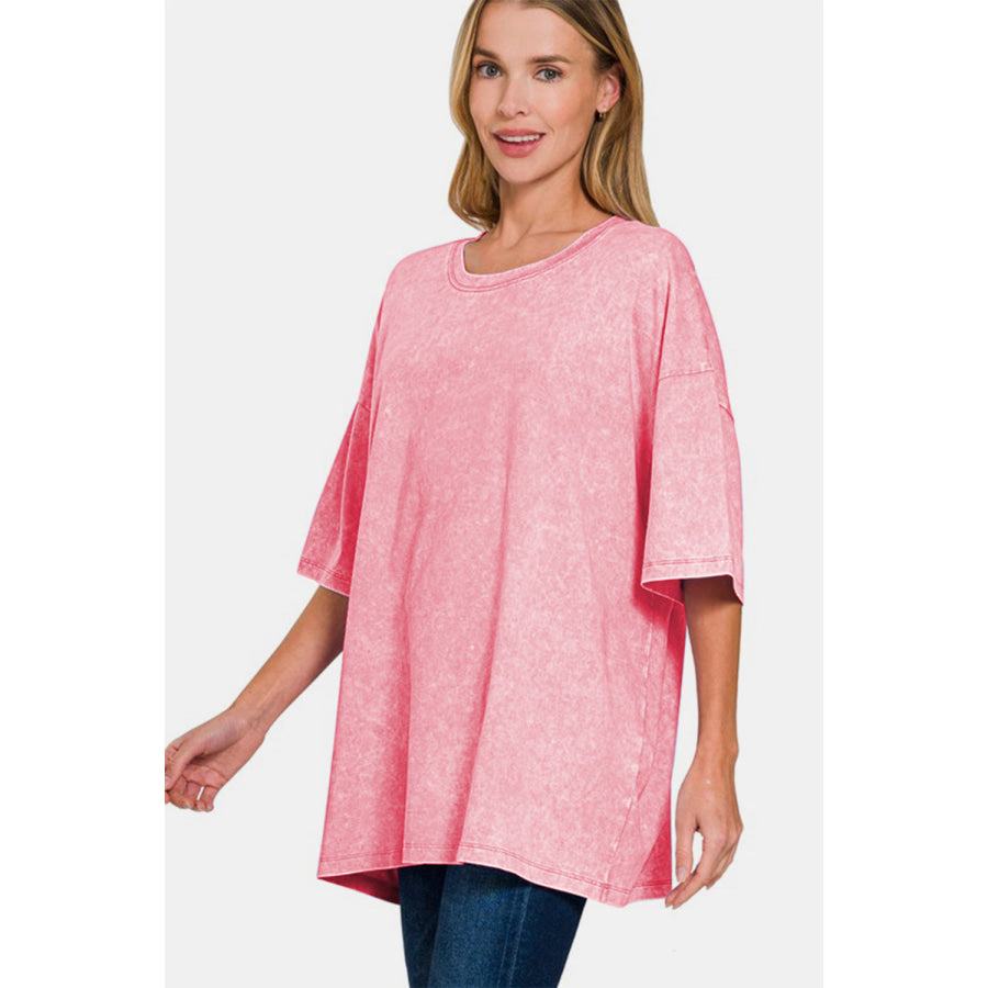 Zenana Full Size Washed Round Neck Drop Shoulder Oversized T-Shirt Apparel and Accessories