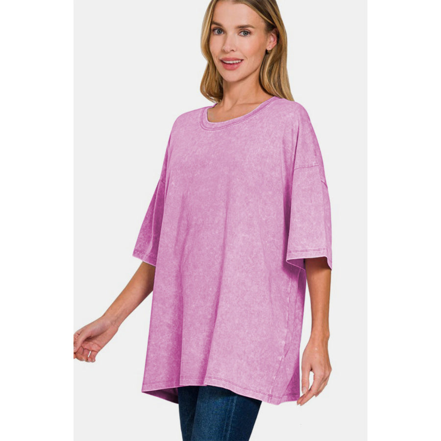 Zenana Full Size Washed Round Neck Drop Shoulder Oversized T-Shirt Moonlit Mauve / S/M Apparel and Accessories