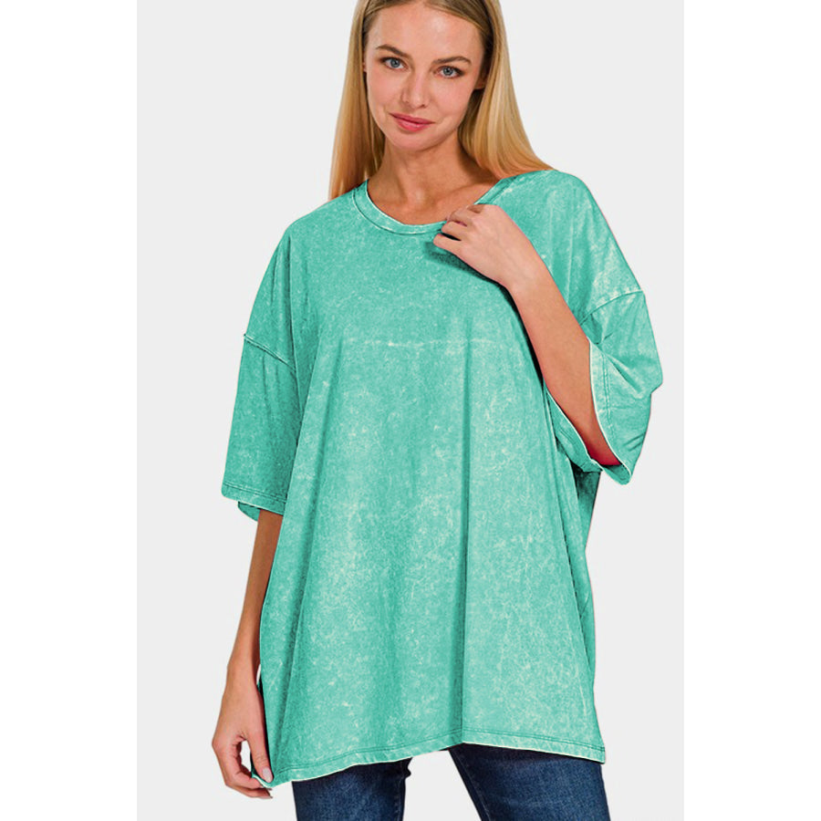 Zenana Full Size Washed Round Neck Drop Shoulder Oversized T-Shirt Turquoise / S/M Apparel and Accessories