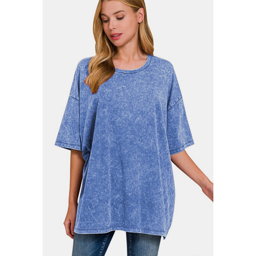 Zenana Full Size Washed Round Neck Drop Shoulder Oversized T-Shirt Blue / S/M Apparel and Accessories