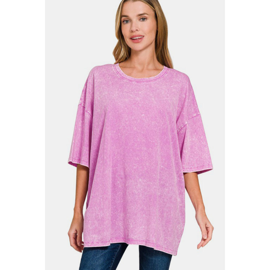 Zenana Full Size Washed Round Neck Drop Shoulder Oversized T-Shirt Moonlit Mauve / S/M Apparel and Accessories