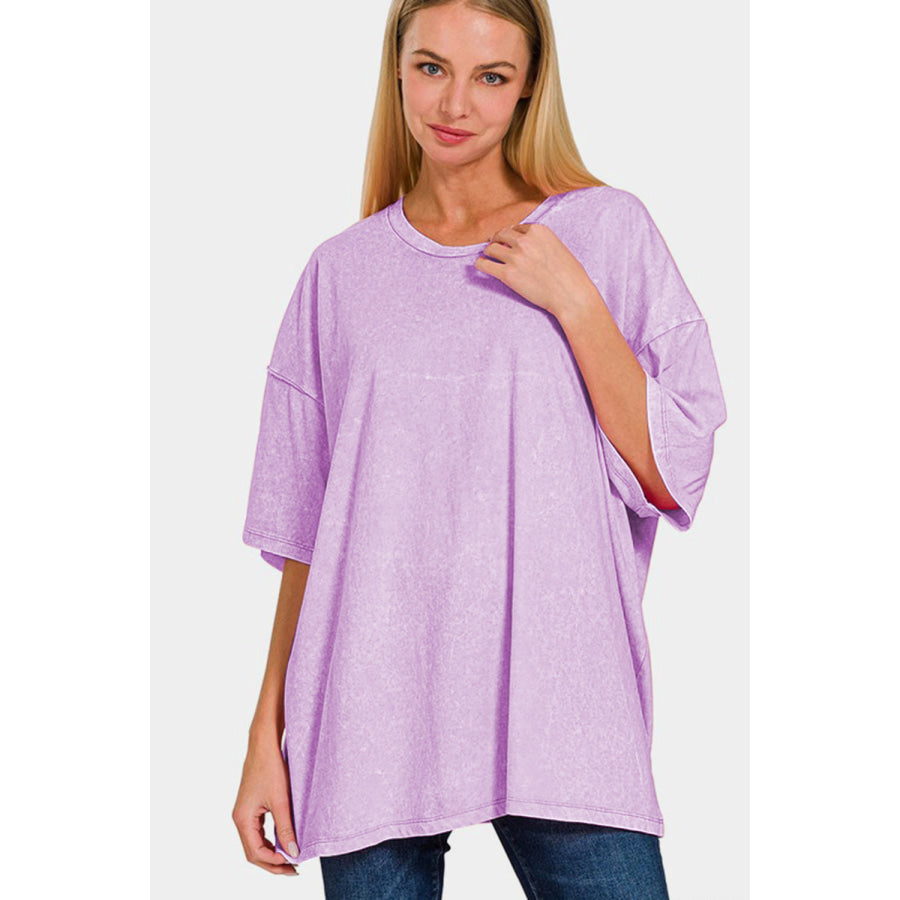 Zenana Full Size Washed Round Neck Drop Shoulder Oversized T-Shirt Pink Purple / S/M Apparel and Accessories