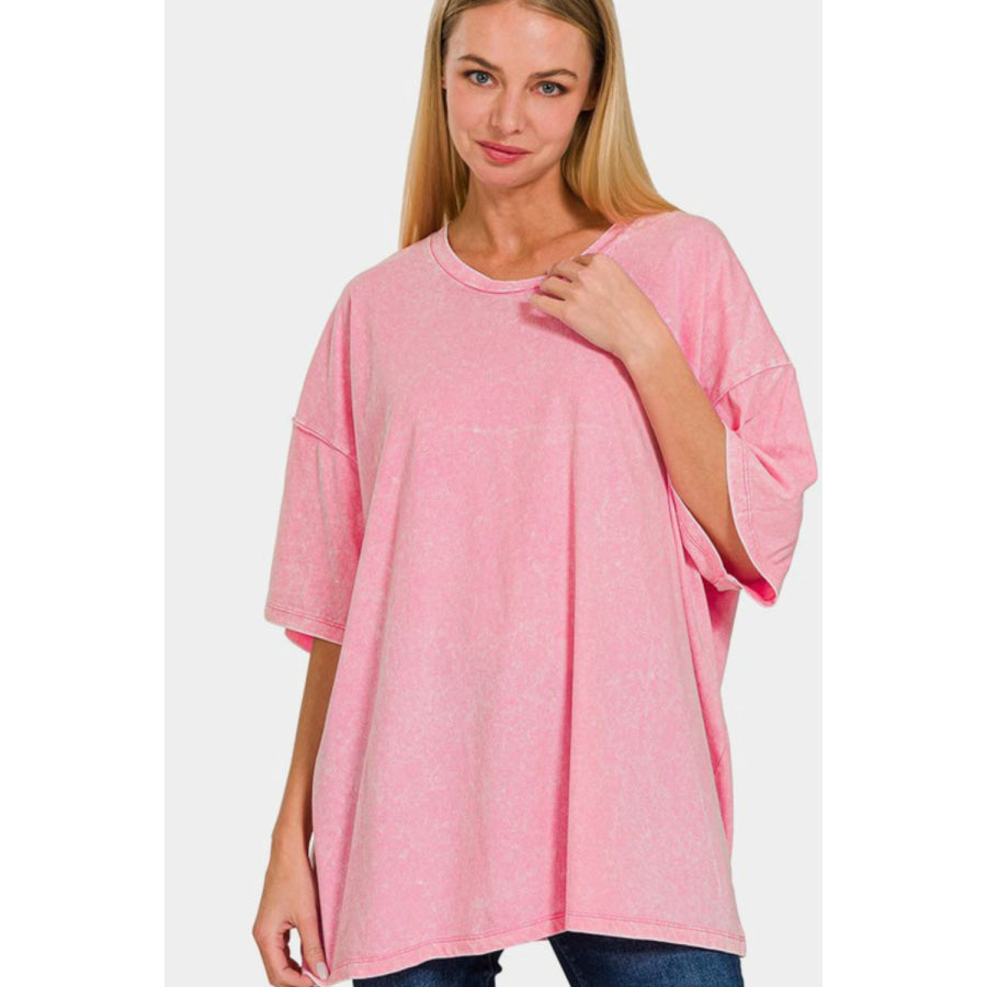 Zenana Full Size Washed Round Neck Drop Shoulder Oversized T-Shirt Pink / S/M Apparel and Accessories