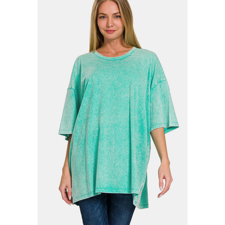 Zenana Full Size Washed Round Neck Drop Shoulder Oversized T-Shirt Turquoise / S/M Apparel and Accessories