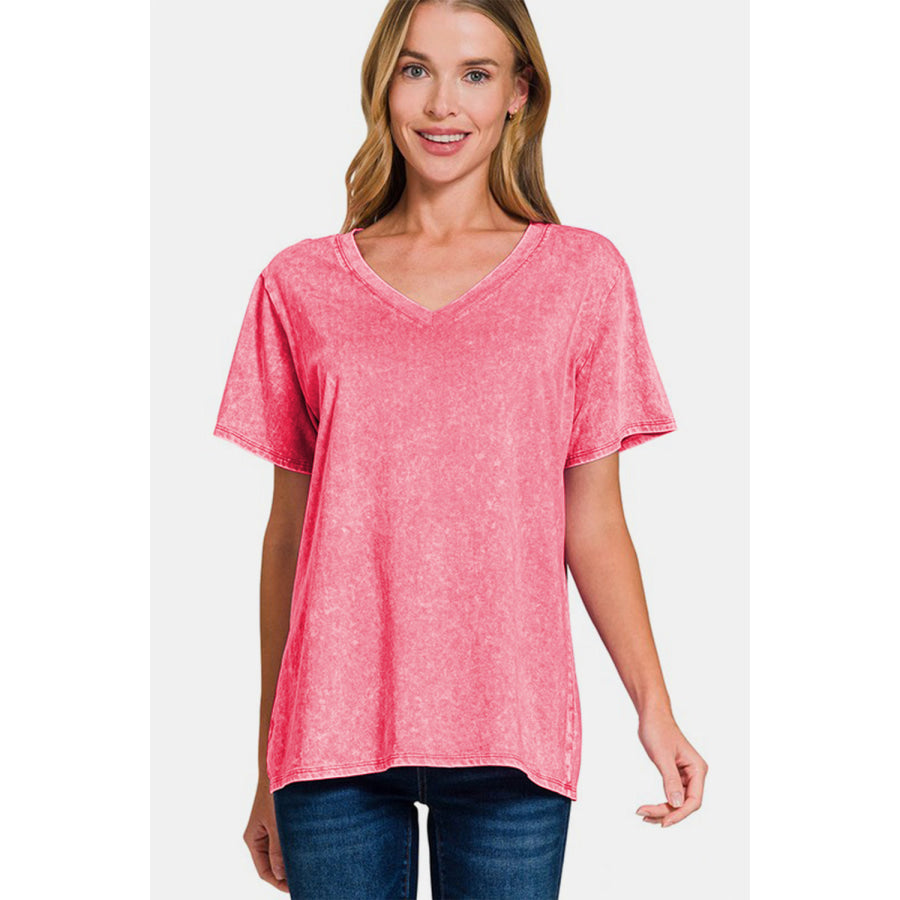 Zenana Full Size Washed Short Sleeve V-Neck T-Shirt Apparel and Accessories