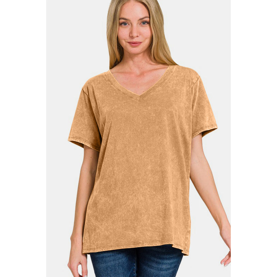 Zenana Full Size Washed Short Sleeve V-Neck T-Shirt Apparel and Accessories