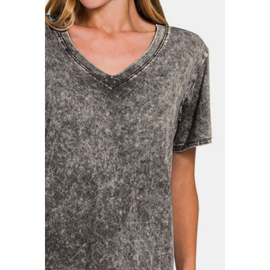 Zenana Full Size Washed Short Sleeve V-Neck T-Shirt Apparel and Accessories