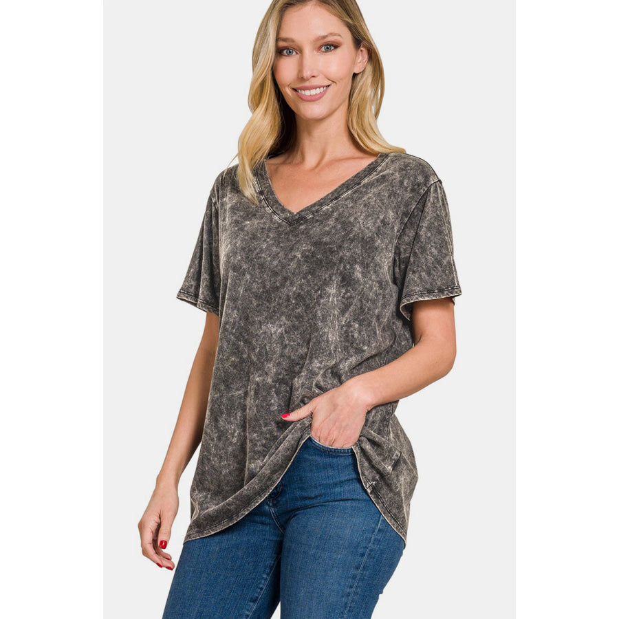 Zenana Full Size Washed Short Sleeve V-Neck T-Shirt Apparel and Accessories