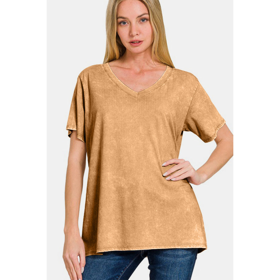 Zenana Full Size Washed Short Sleeve V-Neck T-Shirt Camel / S Apparel and Accessories