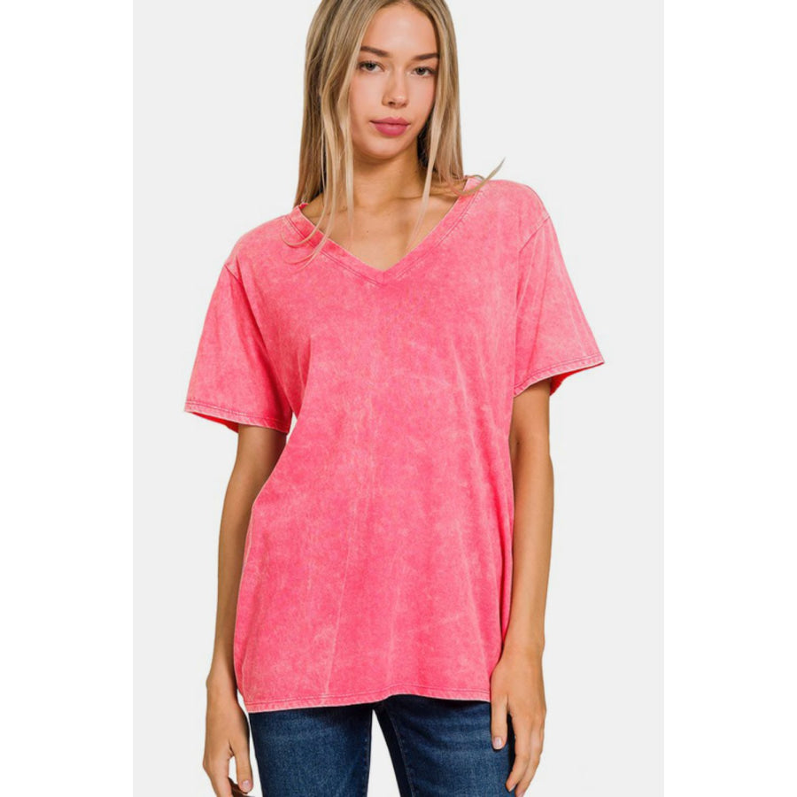 Zenana Full Size Washed Short Sleeve V-Neck T-Shirt Apparel and Accessories