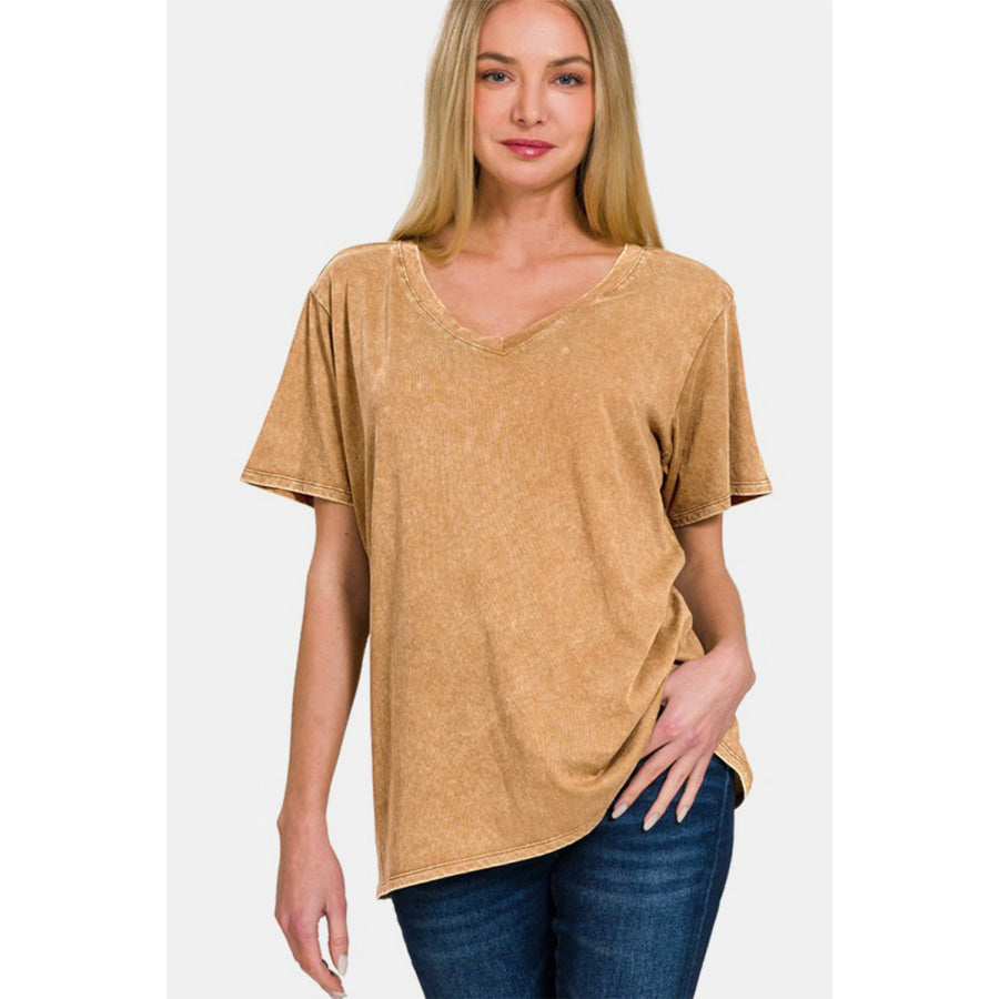 Zenana Full Size Washed Short Sleeve V-Neck T-Shirt Camel / S Apparel and Accessories