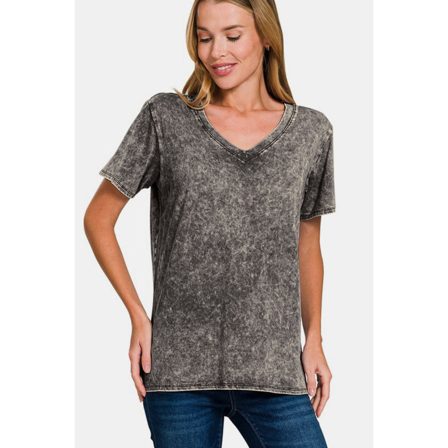 Zenana Full Size Washed Short Sleeve V-Neck T-Shirt Dark Gray / S Apparel and Accessories