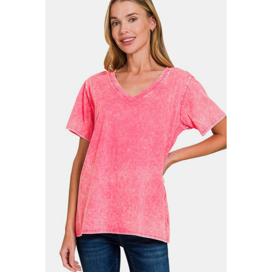 Zenana Full Size Washed Short Sleeve V-Neck T-Shirt Strawberry / S Apparel and Accessories