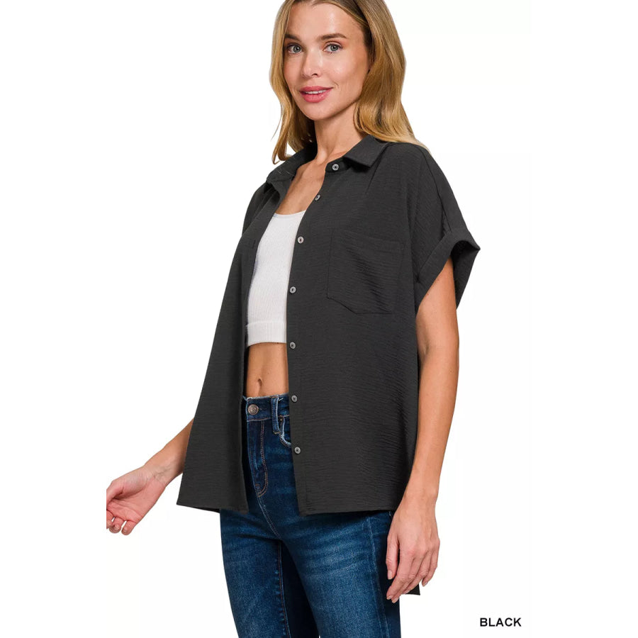 Zenana Full Size Woven Airflow Button Down Shirt Plus Size Apparel and Accessories