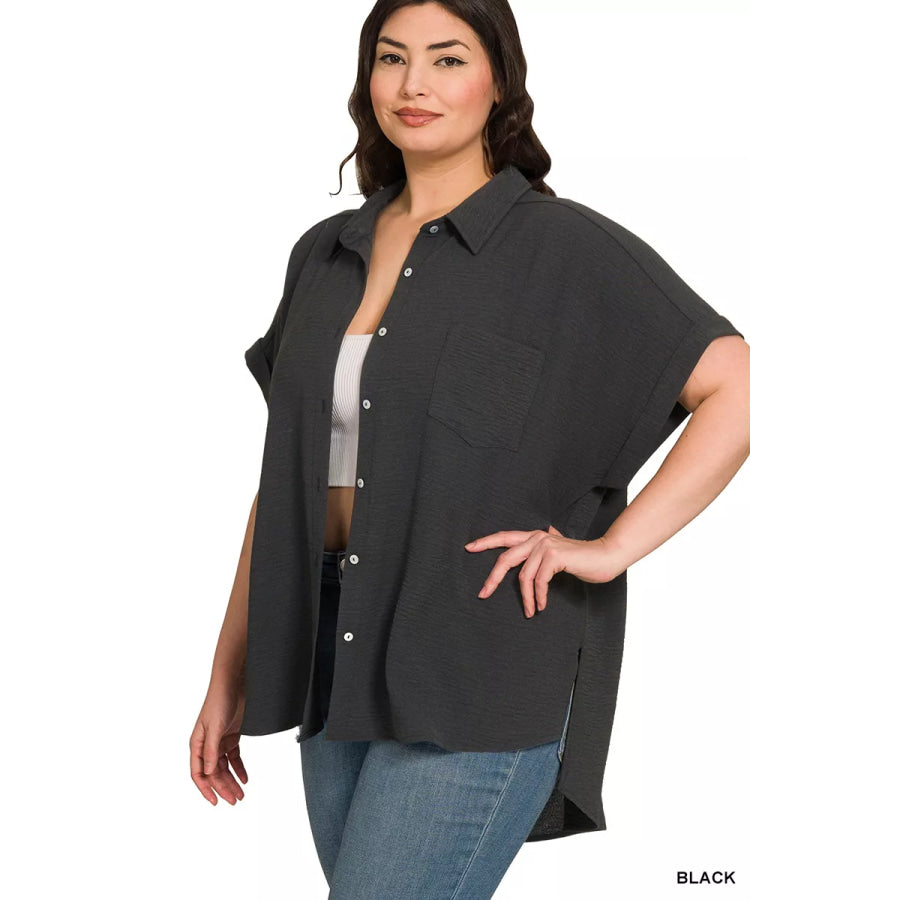 Zenana Full Size Woven Airflow Button Down Shirt Plus Size Apparel and Accessories