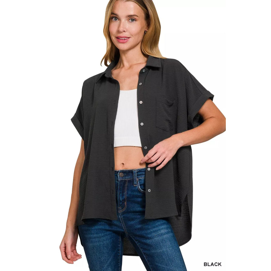 Zenana Full Size Woven Airflow Button Down Shirt Plus Size Apparel and Accessories