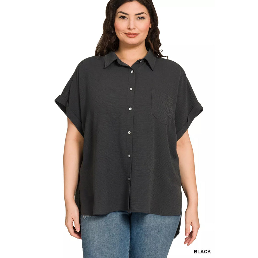 Zenana Full Size Woven Airflow Button Down Shirt Plus Size Apparel and Accessories