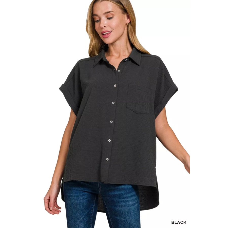 Zenana Full Size Woven Airflow Button Down Shirt Plus Size BLACK / S Apparel and Accessories