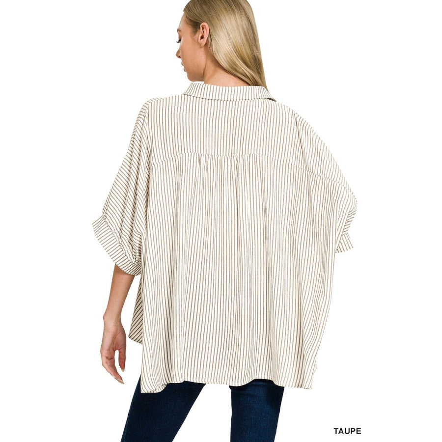 Zenana Full Size Woven Stripe Button Down Boxy Shirt Plus Size Apparel and Accessories