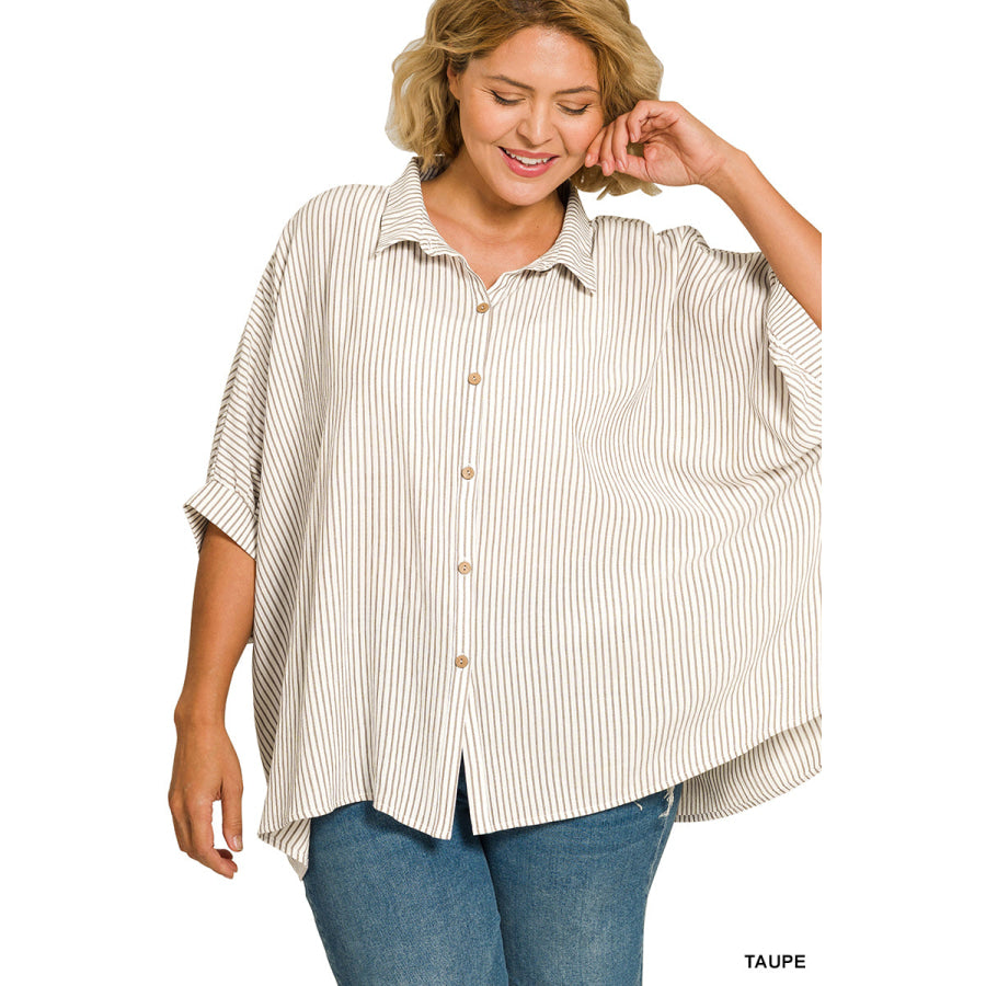 Zenana Full Size Woven Stripe Button Down Boxy Shirt Plus Size Apparel and Accessories