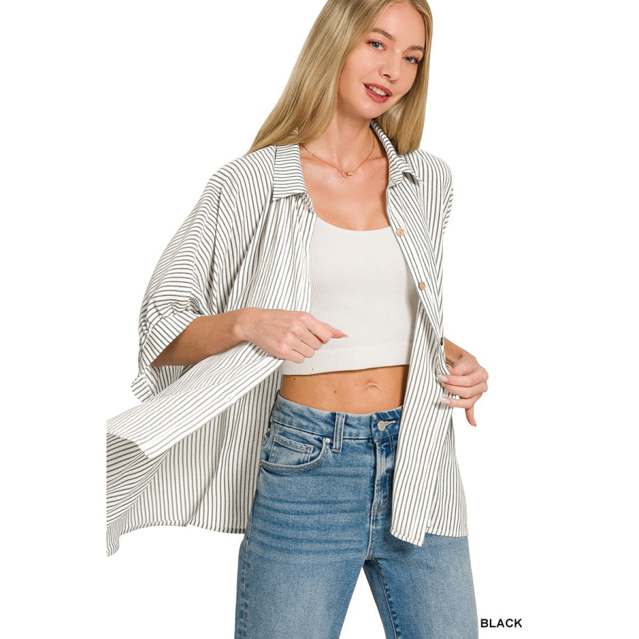 Zenana Full Size Woven Stripe Button Down Boxy Shirt Plus Size Apparel and Accessories