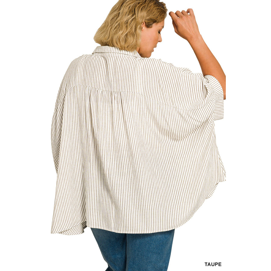 Zenana Full Size Woven Stripe Button Down Boxy Shirt Plus Size Apparel and Accessories