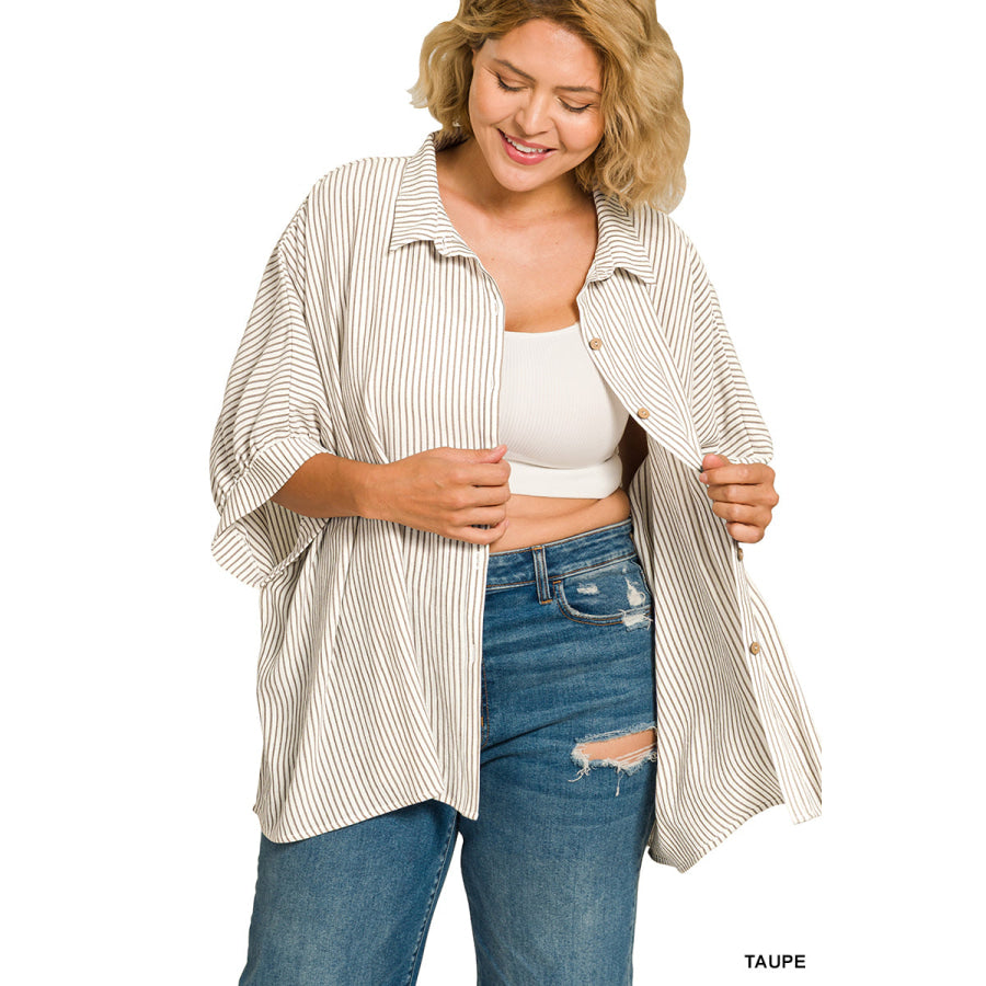 Zenana Full Size Woven Stripe Button Down Boxy Shirt Plus Size Apparel and Accessories