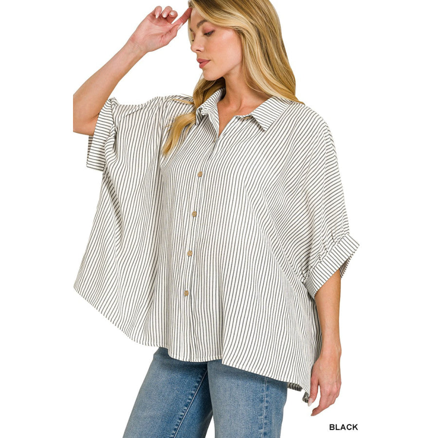 Zenana Full Size Woven Stripe Button Down Boxy Shirt Plus Size Apparel and Accessories