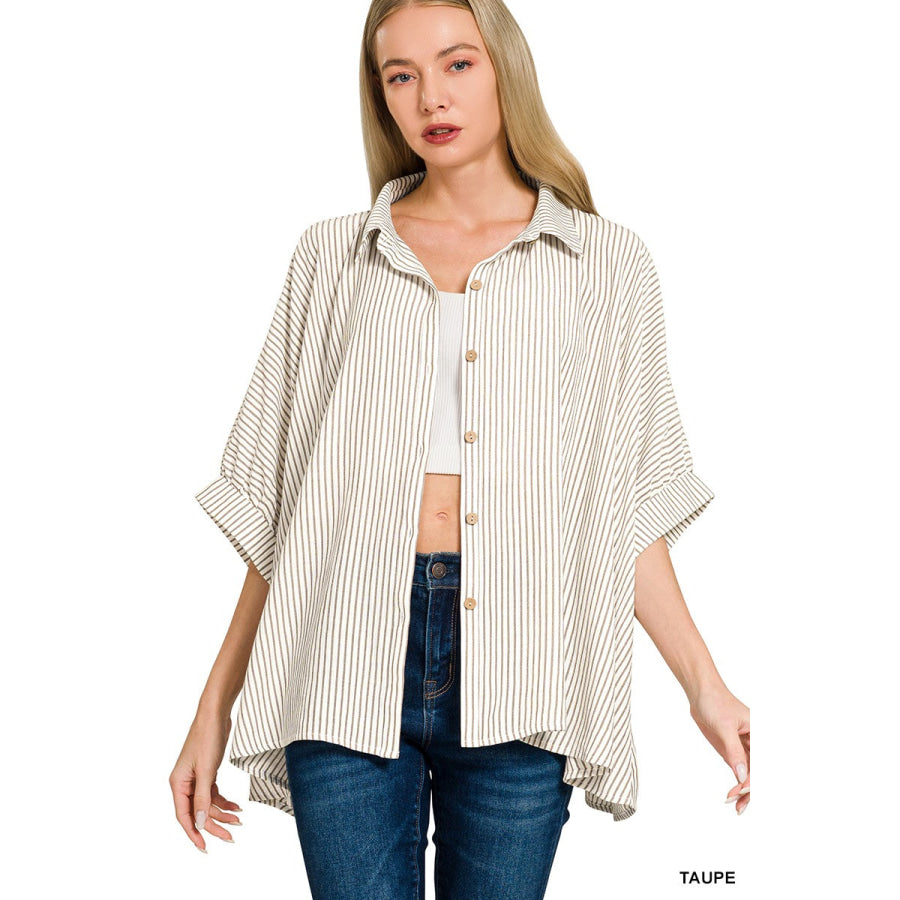 Zenana Full Size Woven Stripe Button Down Boxy Shirt Plus Size Apparel and Accessories
