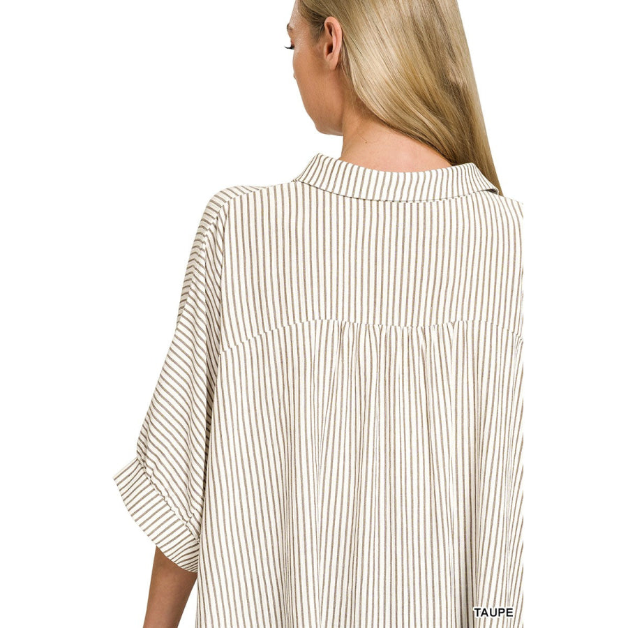 Zenana Full Size Woven Stripe Button Down Boxy Shirt Plus Size Apparel and Accessories