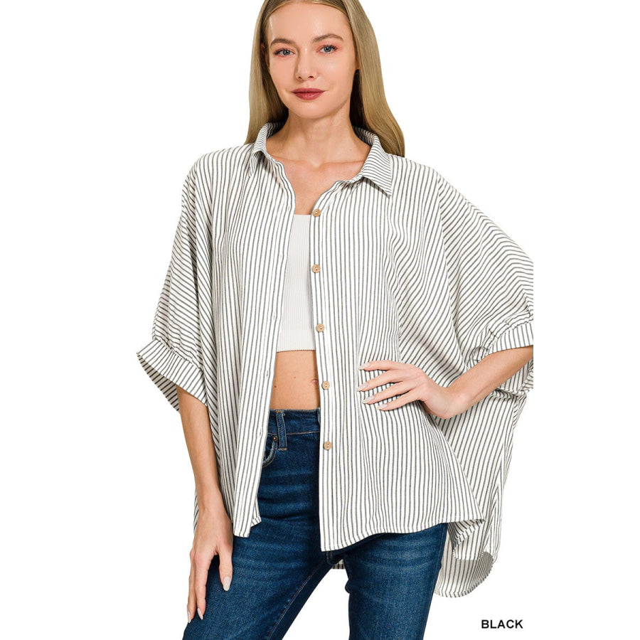 Zenana Full Size Woven Stripe Button Down Boxy Shirt Plus Size BLACK / S/M Apparel and Accessories