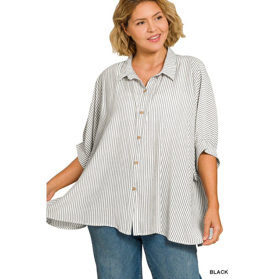 Zenana Full Size Woven Stripe Button Down Boxy Shirt Plus Size Apparel and Accessories
