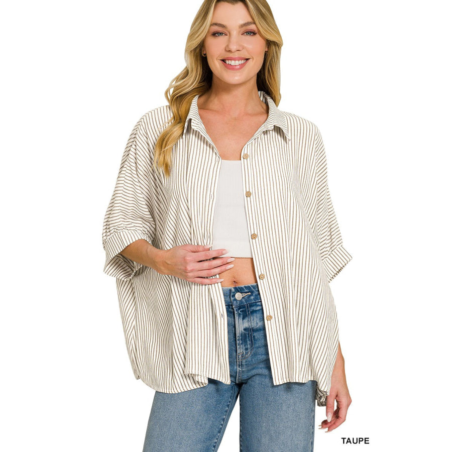 Zenana Full Size Woven Stripe Button Down Boxy Shirt Plus Size Apparel and Accessories