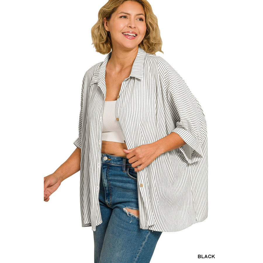 Zenana Full Size Woven Stripe Button Down Boxy Shirt Plus Size Apparel and Accessories