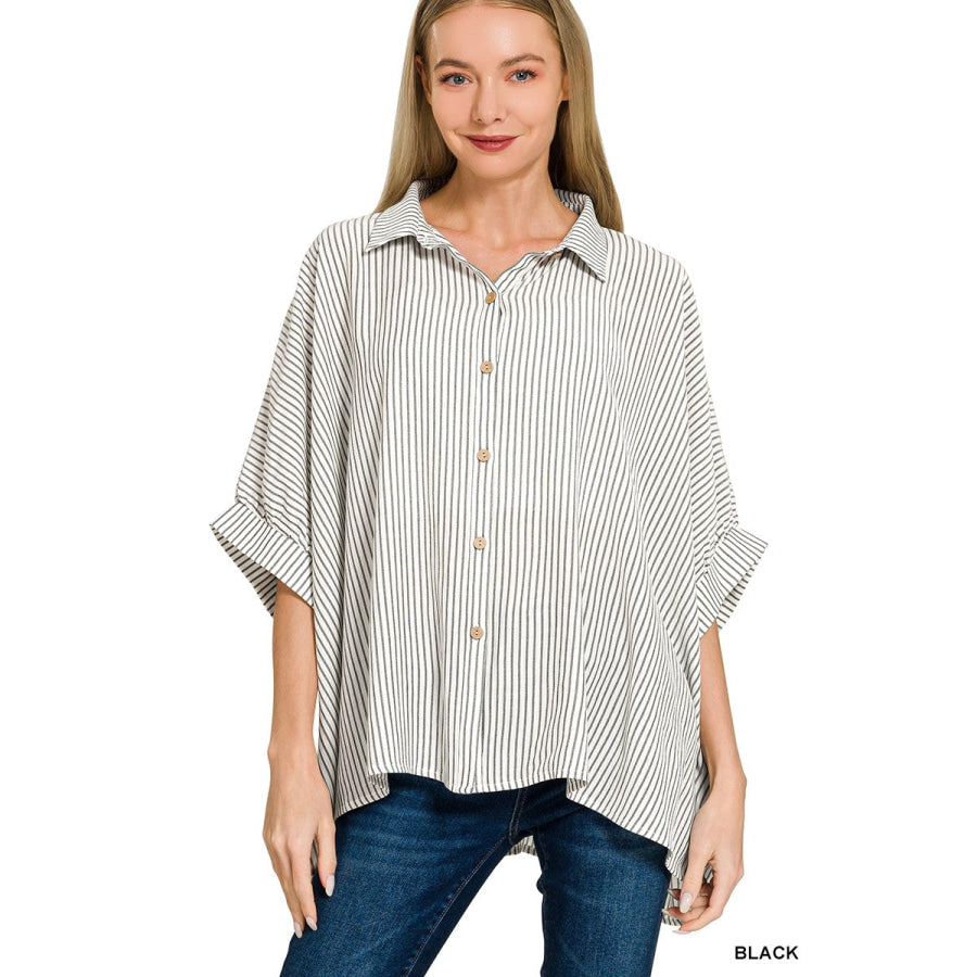 Zenana Full Size Woven Stripe Button Down Boxy Shirt Plus Size BLACK / S/M Apparel and Accessories