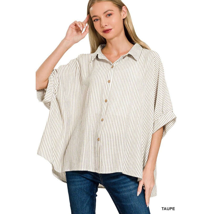 Zenana Full Size Woven Stripe Button Down Boxy Shirt Plus Size TAUPE / S/M Apparel and Accessories
