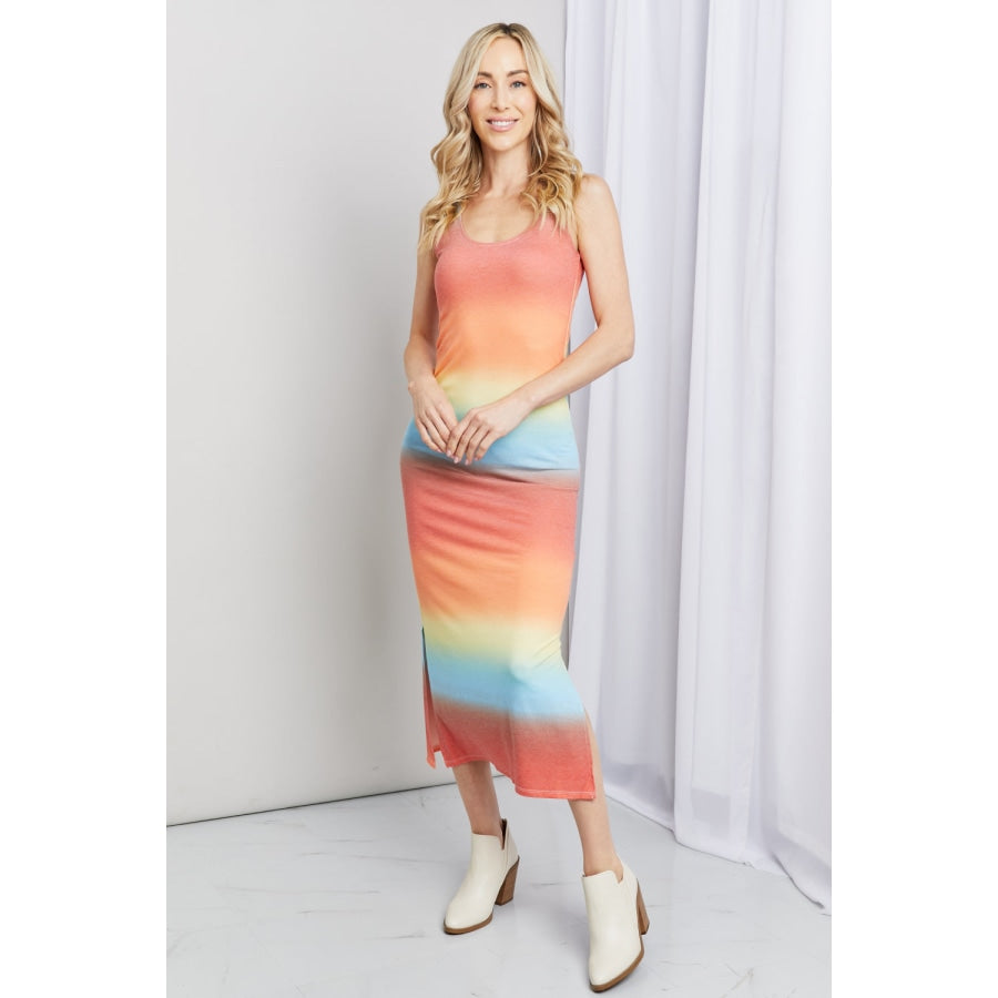 Zenana Gradient Sleeveless Slit Midi Dress Coral Mix / S