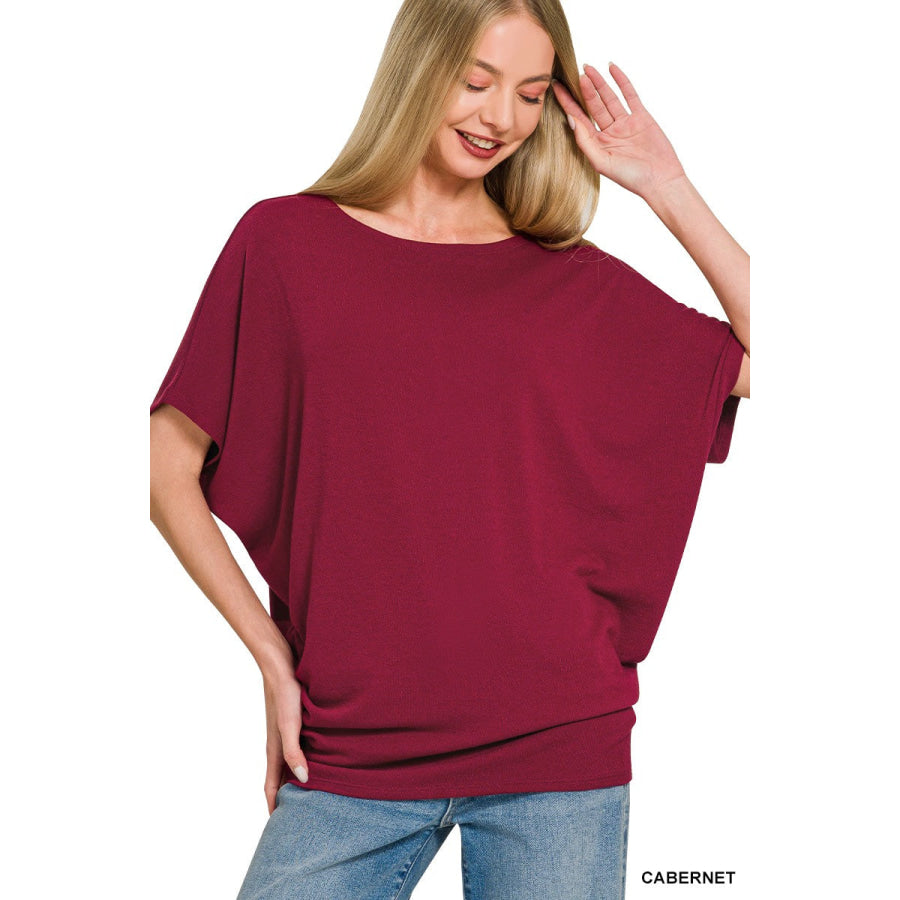 Zenana Hacci Dolman Sleeve Boat Neck Top CABERNET / S Apparel and Accessories