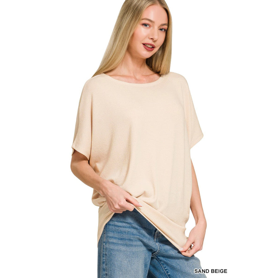 Zenana Hacci Dolman Sleeve Boat Neck Top SAND BEIGE / S Apparel and Accessories