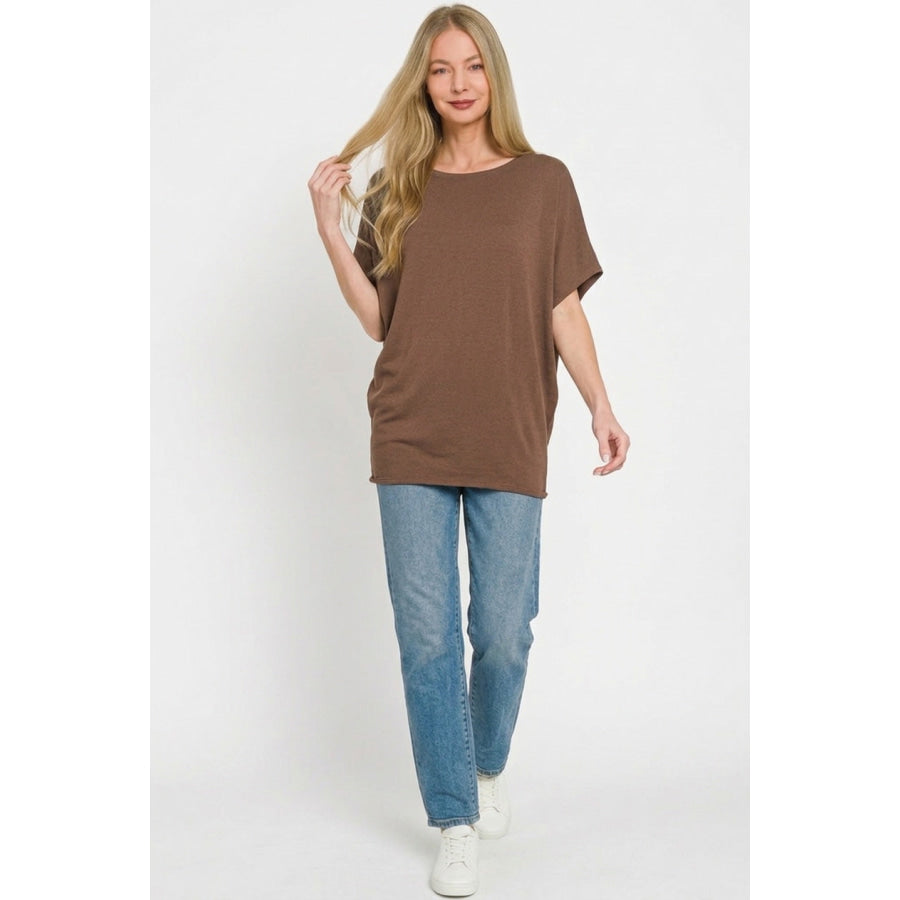 Zenana Hacci Dolman Sleeve Boat Neck Top BROWN / S Apparel and Accessories