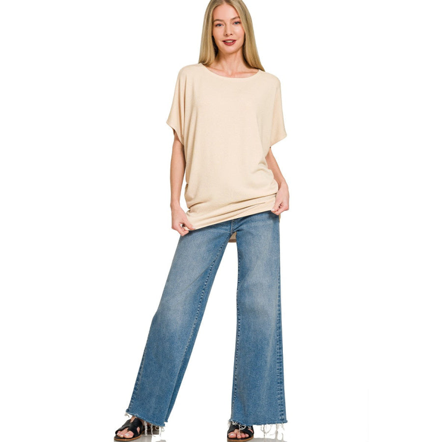 Zenana Hacci Dolman Sleeve Boat Neck Top Apparel and Accessories