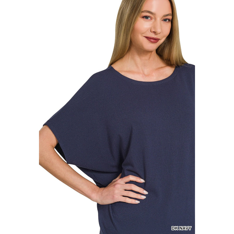 Zenana Hacci Dolman Sleeve Boat Neck Top DK NAVY / S Apparel and Accessories
