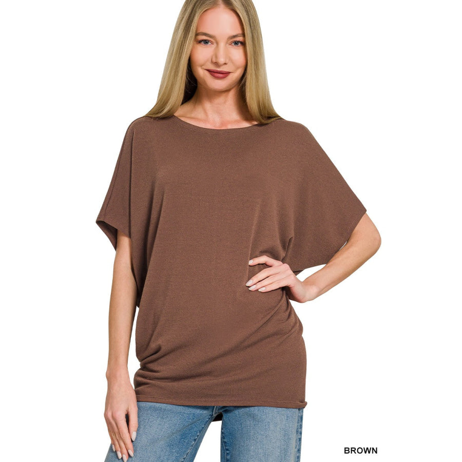 Zenana Hacci Dolman Sleeve Boat Neck Top BROWN / S Apparel and Accessories